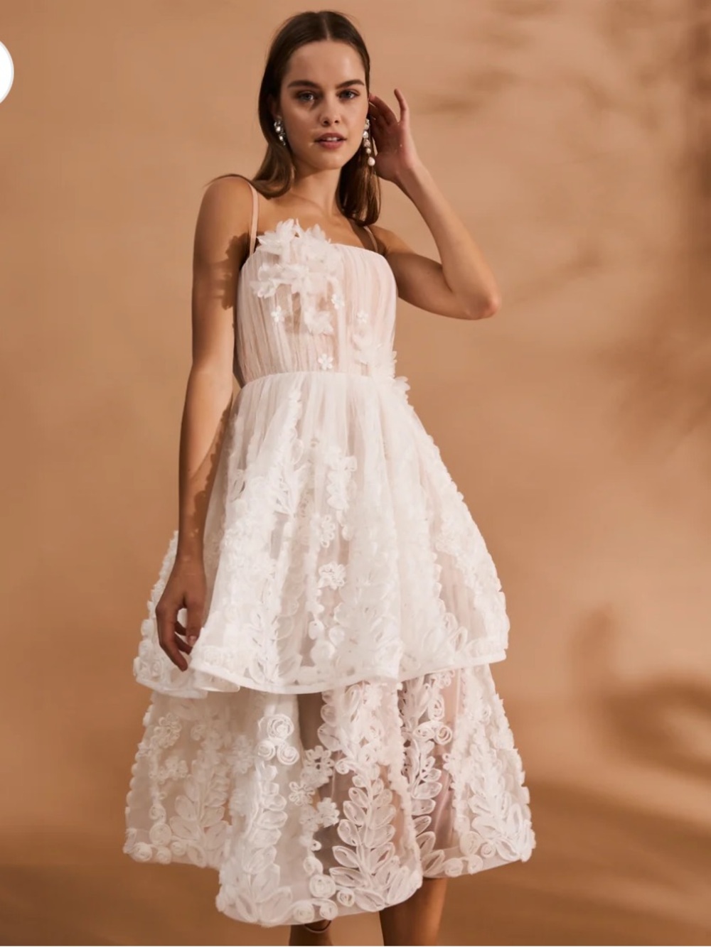helsi juliette white tan 3d floral applique tiered midi bridal dress small NEW